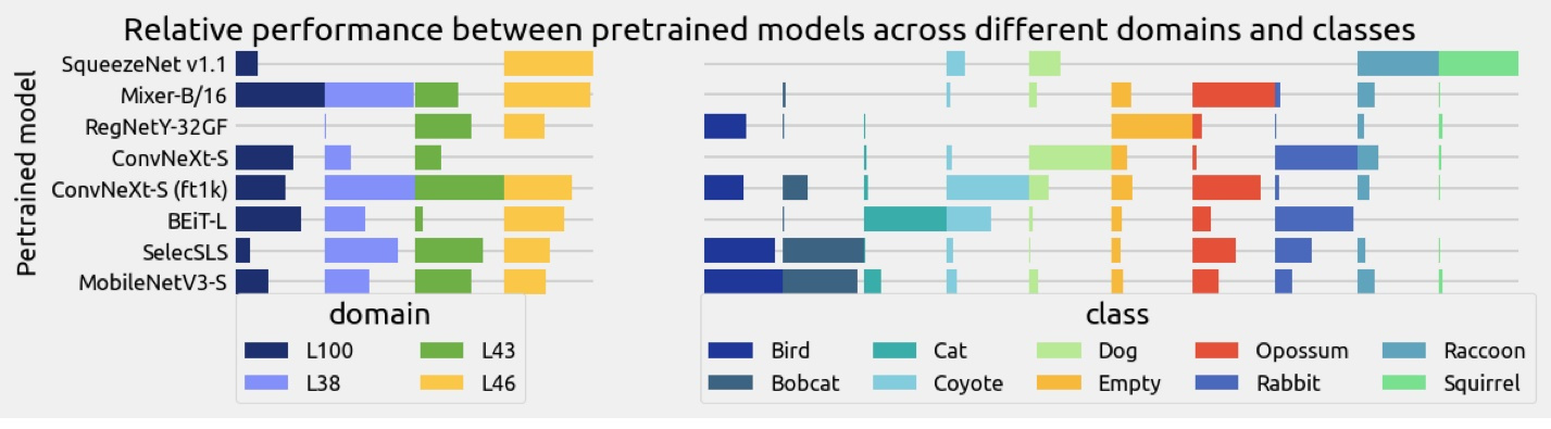 图2：在 TerraIncognita 数据集的不同领域和不同类别中，预训练模型的分类性能比较